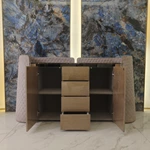 Natural Wood Veneer Sideboard with Dark Marble Top, Quilted Curved Side Panels, Four Drawers and Dual Cabinets
